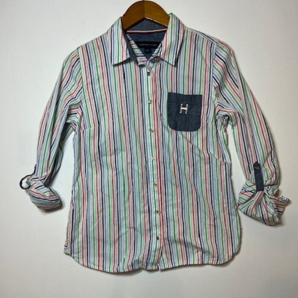 Women's Tommy Hilfiger Multicolor Long Sleeve Button Up Striped Shirt Sz M